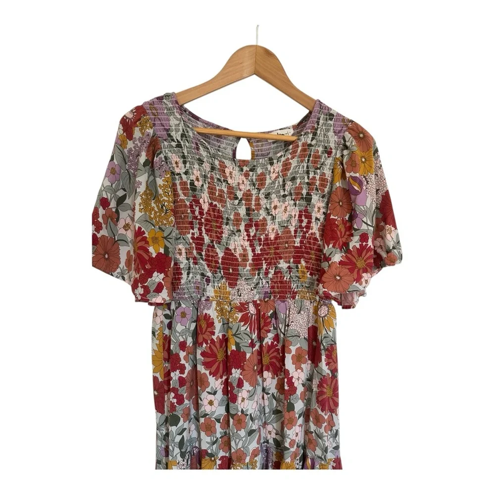 In Loom Tiered Smock Floral Multicolor Maxi Dress L - Picture 3 of 4